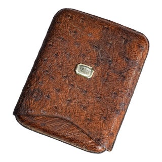 Exotic Ostrich Leather Antique Cigar Case Holder Luxury Art Deco 14k Gold For Sale