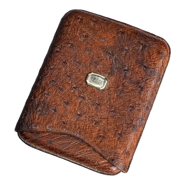 Exotic Ostrich Leather Antique Cigar Case Holder Luxury Art Deco 14k Gold For Sale