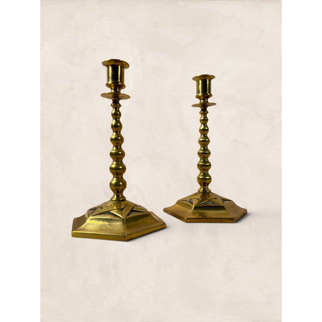 Traditional Antique English Edwardian Brass Hexagonal Candlestick Holders For Sale - Image 3 of 18