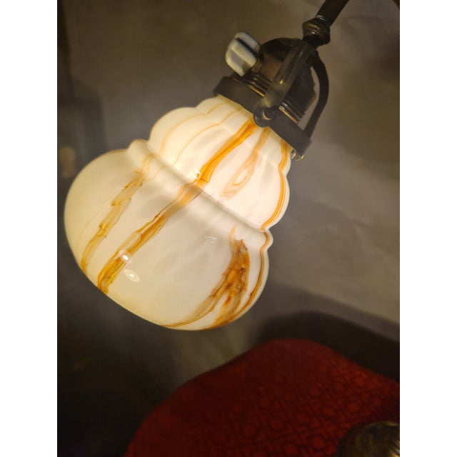 Vintage Adjustable Desk Lamp with Marbled Opaline Shade and Brass, 1920, in Very Good conditions. Designed 1890 to 1919...