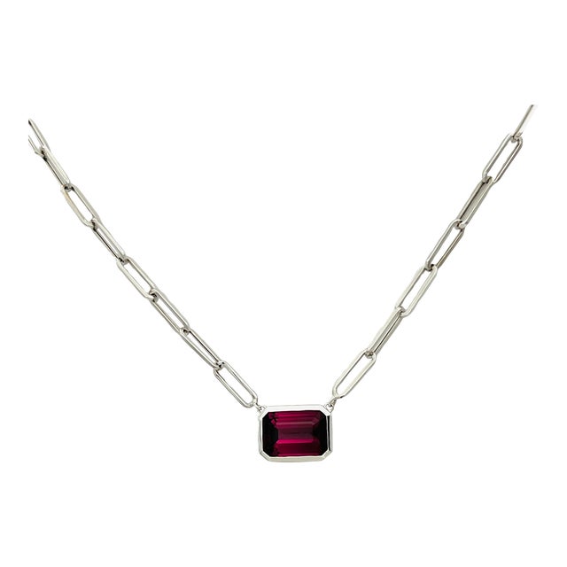 Purple Spinel Emerald Cut Bezel Paperclip Necklace in 14k White Gold For Sale