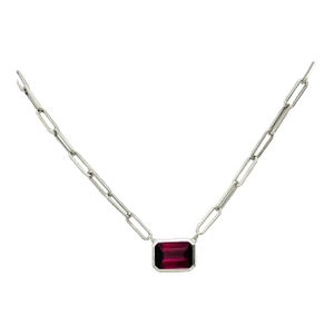 Purple Spinel Emerald Cut Bezel Paperclip Necklace in 14k White Gold