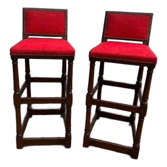 Pair of Vintage Jacobean Style Hardwood Upholstered Bar Stools. For Sale