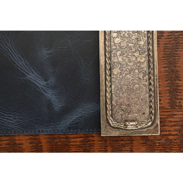 Silver Roycroft Arts & Crafts Silver Finished Hammered Copper Blotter Ends With Leather Desk Blotter For Sale - Image 8 of 14