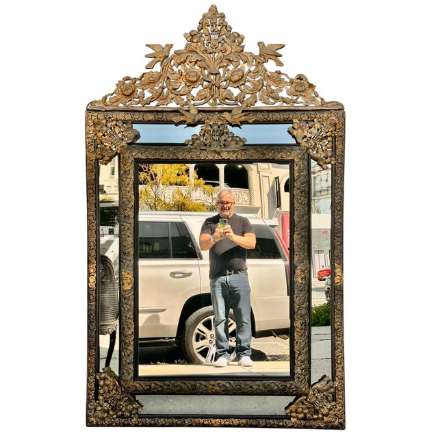 French Huge Antique French Repose Brass Mounted Mirror W Birds For Sale - Image 3 of 5
