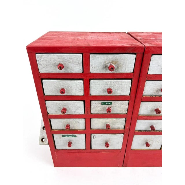 Vintage 1950s Red Handmade Industrial Wood 10-drawer Storage Units - A Pair For Sale - Image 9 of 10