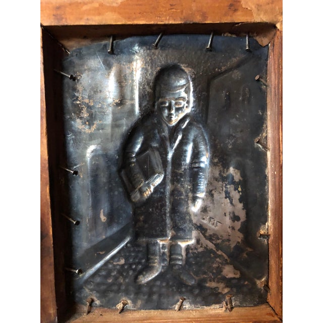 Mid 20th Century Arieh Merzer, Judaica Silvered Copper Repousse Sculpture Relief Plaque Shtetl Yeshiva Bochur For Sale - Image 4 of 4