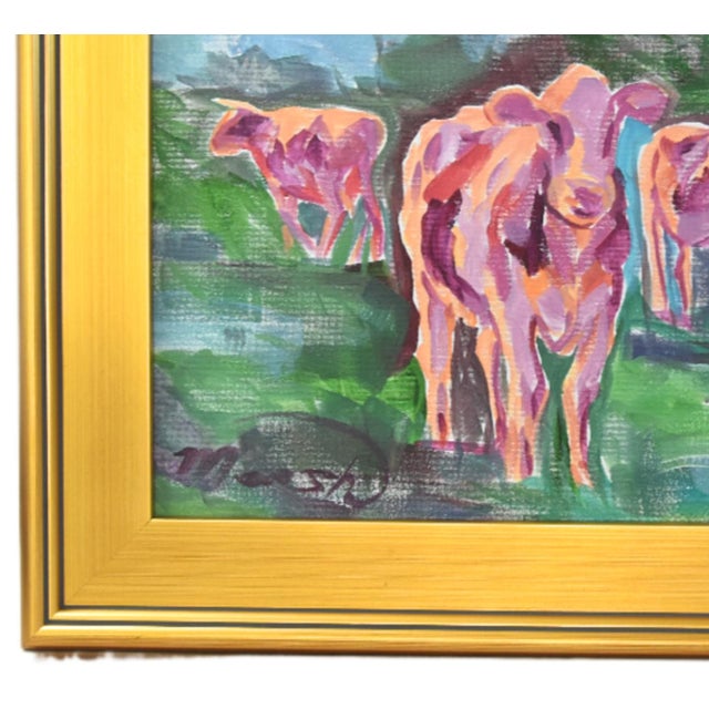 Original landscape impressionist painting of a herd of colorful pink cows on a stretched artist's canvas. Signed by the...