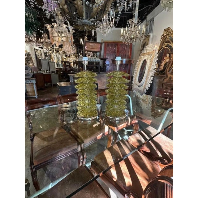 Pair of Murano glass and brass "ruffle" lamps in olive green. A favorite of top designers!