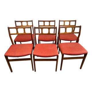 Danish Mid-Century Modern Teak Dining Chairs W Rust Red Dotted Upholstery, Set 6 For Sale