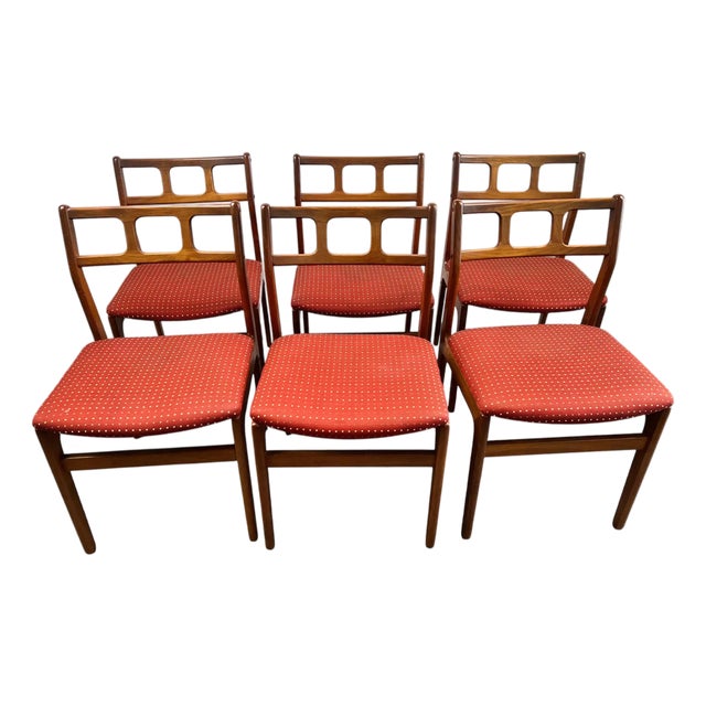 Danish Mid-Century Modern Teak Dining Chairs W Rust Red Dotted Upholstery, Set 6 For Sale