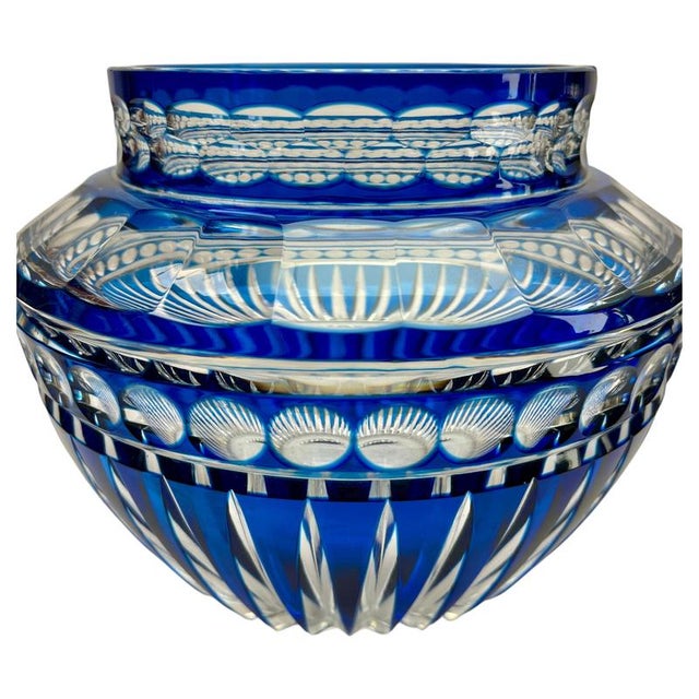 Vibrant Cobalt, cased-crystal large 'Pique Fleurs' vase with a cut-to-clear Art Deco decoration This design for vases is...