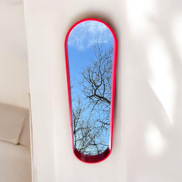Large Mid-Century Modern Oval Wall Mirror with Red Lacquered Wood Frame, 1960s For Sale - Image 4 of 7