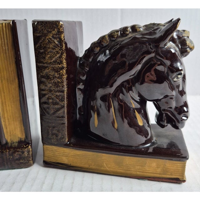 Vintage MCM Brown Gold Ceramic Hand Painted Horse Head Equestrian Decor Bookends Pair For Sale - Image 4 of 7