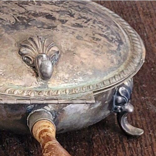 Victorian Late 1800s Silverplate Chafing Dish, Ornate Tripod Legs, Mask Motifs, Brass Interior, Wooden Handle For Sale - Image 3 of 5