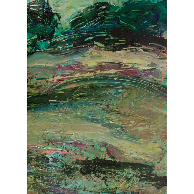 A 1980s acrylic on paper painting by American artist Harry Hilson (1935-2004). This abstract depiction of a landscape...