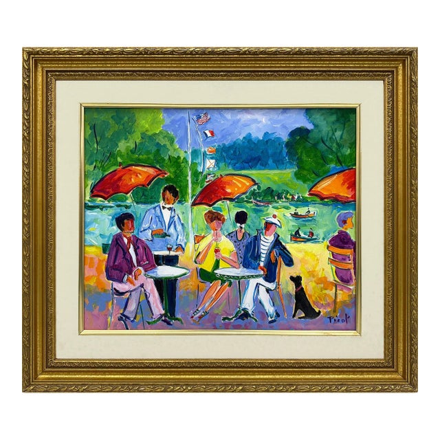 Jean Claude Picot, Detente Au Bord Du Lac (Framed Original Painting on Canvas) For Sale