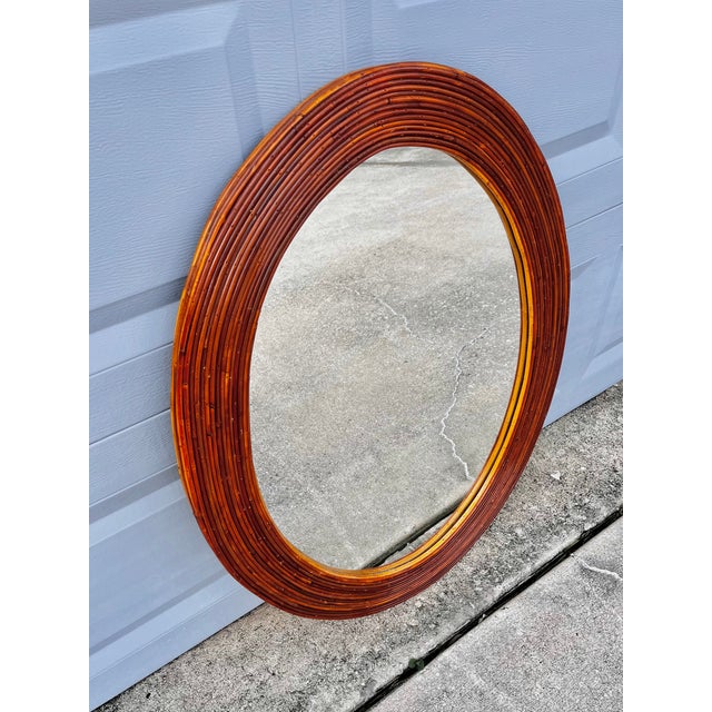 Brown Mid Century Modern Oval Rattan Split Reed Wall Mirror | Attributed to Gabriella Crespi For Sale - Image 8 of 14