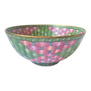 Vintage Pink & Green Basket Weave Bowl For Sale