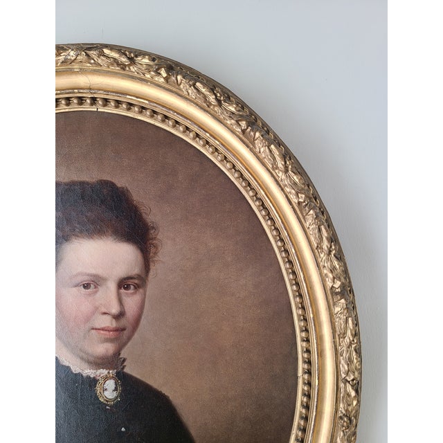 Antique 19th Century German Oval Oil Painting Portrait of a Lady With a Cameo For Sale - Image 10 of 15