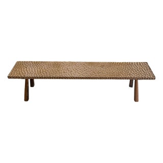 Solid Teak Wood Bench With Hand-Hewn Detailing and Sculptural Leg Form For Sale