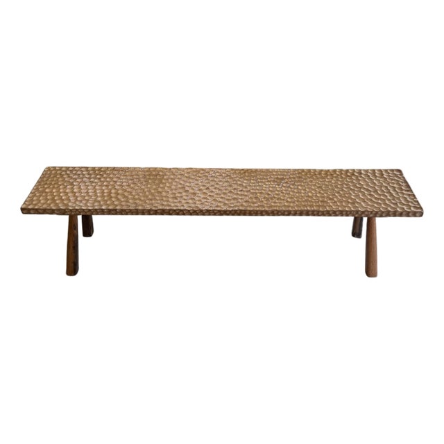 Solid Teak Wood Bench With Hand-Hewn Detailing and Sculptural Leg Form For Sale
