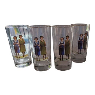 Vintage Set of 4 B. Brian Atwater 1920s Ladies Golf Motif Highball Barware Glasses Gold Trim For Sale