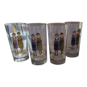 Vintage Set of 4 B. Brian Atwater 1920s Ladies Golf Motif Highball Barware Glasses Gold Trim