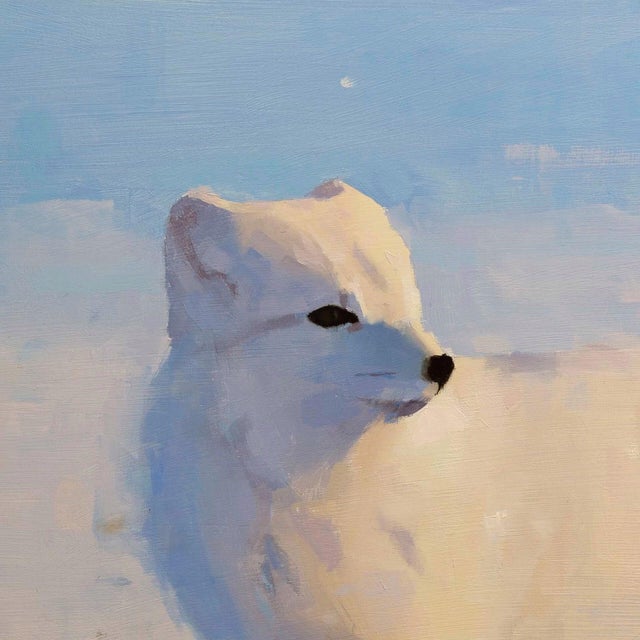This oil painting captures the Arctic fox in a serene, wintry landscape, its soft white fur blending seamlessly with the...