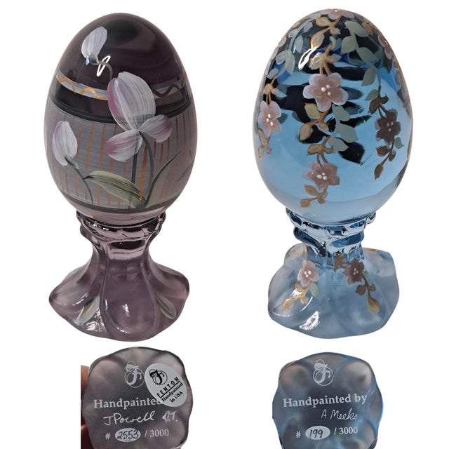 A beautiful pair of vintage Fenton Art Glass pedestal eggs, each meticulously hand‑painted, artist‑signed, and...