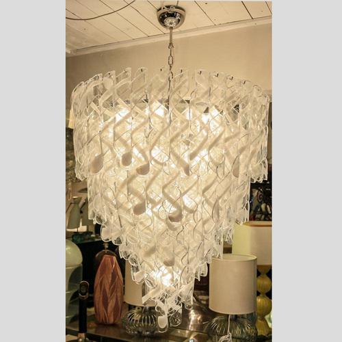An impressive ” Torciglione ” ceiling light , blown glass components . Clear and white on chrome metal structure. Italian...