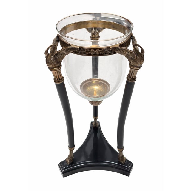 Glass Pair of French Empire Style Bronze Swan & Glass Hurricane Lamp Candle Holders For Sale - Image 7 of 9