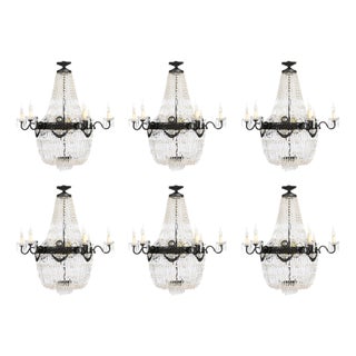 Antique Louis Revival Cut Crystal 14-Light Ballroom Chandeliers, 1920s, Set of 6 For Sale
