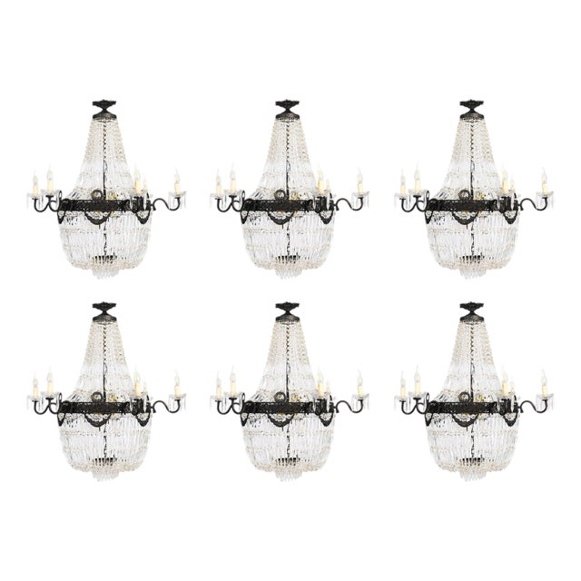 Antique Louis Revival Cut Crystal 14-Light Ballroom Chandeliers, 1920s, Set of 6 For Sale