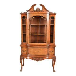 Berkey & Gay Antique Georgian Burled Walnut Breakfront Bookcase Cabinet, Circa 1920s For Sale