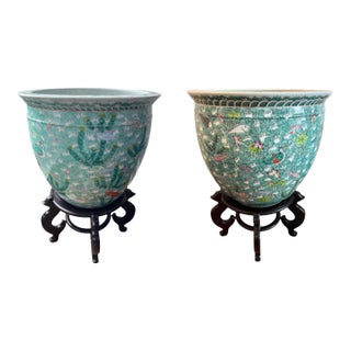 Vintage Chinese Famille Vert Fish Pots / Planters With Stands - A Pair For Sale