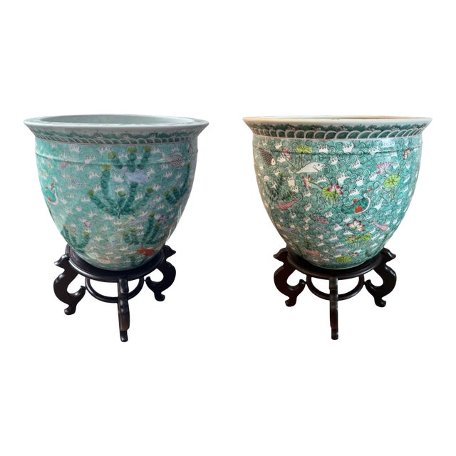 Vintage Chinese Famille Vert Fish Pots / Planters With Stands - A Pair For Sale
