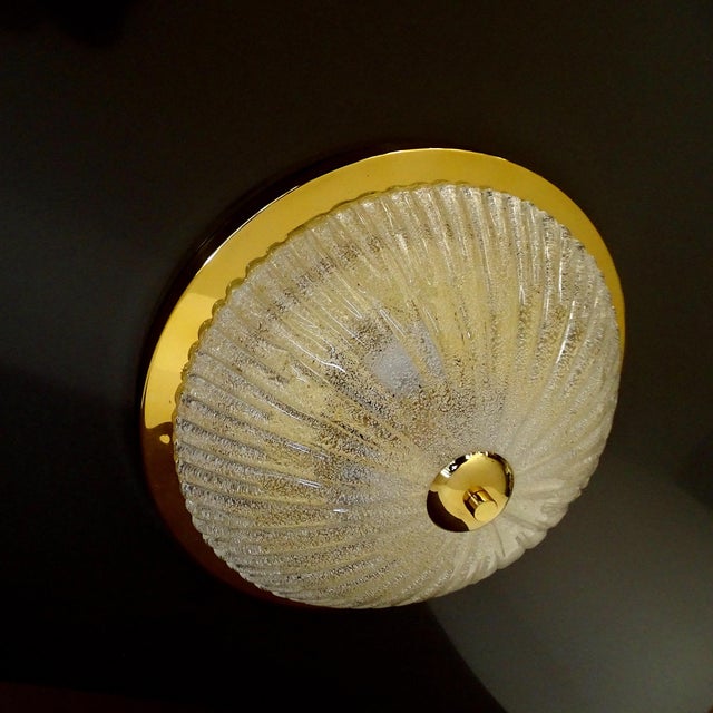 Large vintage glass flush mount light in the manner of Barovier Toso, ribbed glass, brass base. 7.48 in.H / 19 cmH...