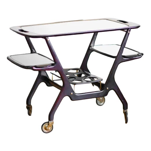 Mid-Century Wooden Structure Brass Service Bar Trolley with Three Removable Trays by Cesare Lacca, 1950s For Sale