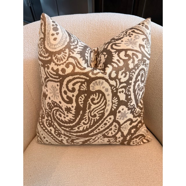 Pair of Tailored Taupe & Ivory Paisley Down Pillows - Classic 16” Accent For Sale - Image 4 of 6