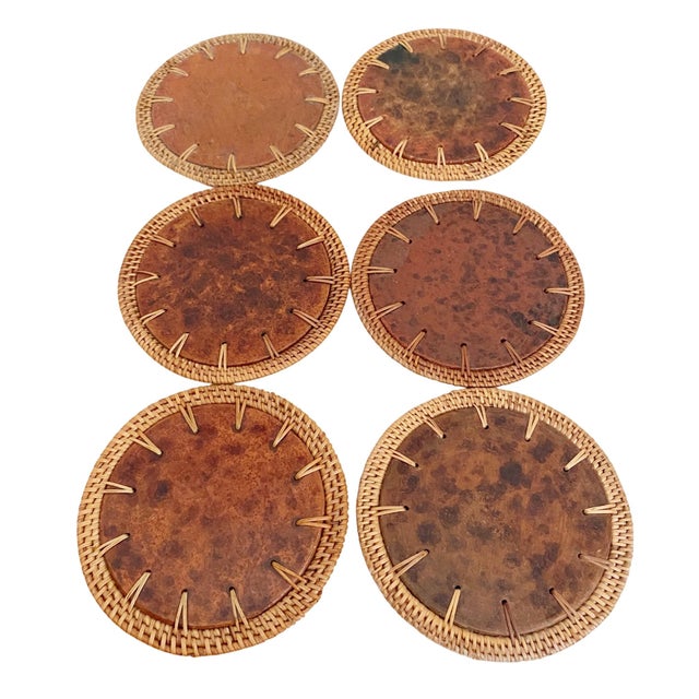 1960s Terracotta & Rattan Round Drink Coasters - Set of 6 For Sale - Image 4 of 5