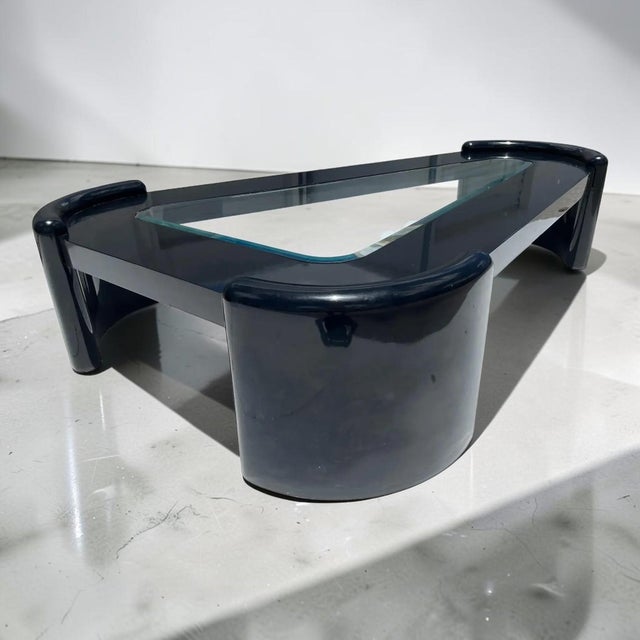 XL Postmodern Glass Black Lacquer Triangular Coffee Table For Sale - Image 4 of 9