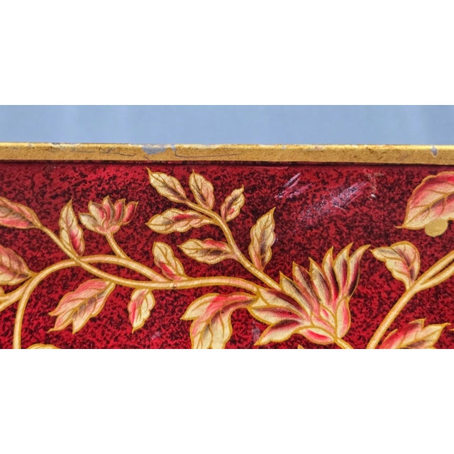 Brass Lion Heads Red & Gold Tole Metal Planter Cache Pot For Sale - Image 9 of 12