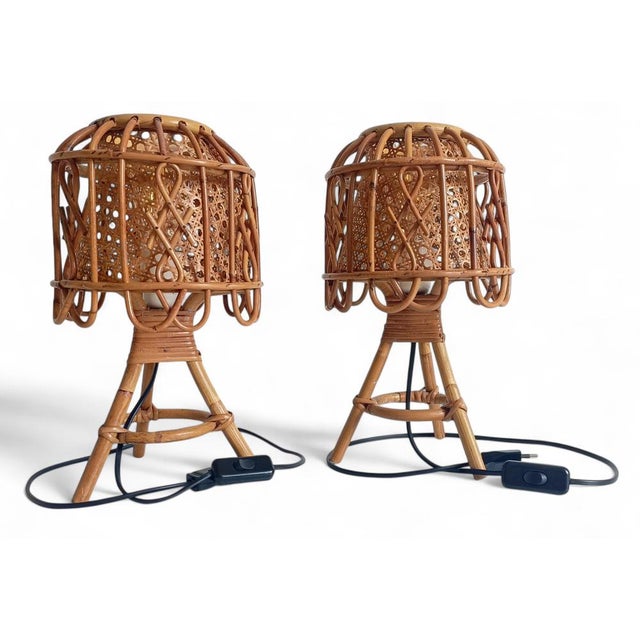 French Riviera Rattan and Cane Table Lamps by Franco Albini, 1960s, Set of 2 For Sale - Image 11 of 14