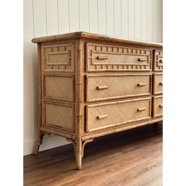 Vintage Coastal Bamboo & Woven Rattan 6-Drawer Dresser For Sale - Image 11 of 17