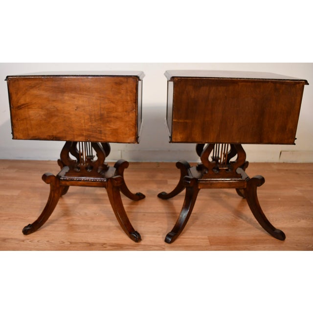 1920s Duncan Phyfe Mahogany Lyre Base Pair of Nightstands / Bedside Tables For Sale - Image 16 of 18