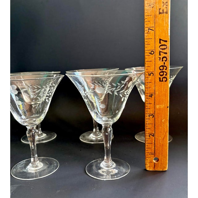 Glass Vintage Willow Moon Champagne Glasses, Set of 7 - By Pioneer - Mid Century Etched Crystal Sparkling Wine Coupes For Sale - Image 7 of 7