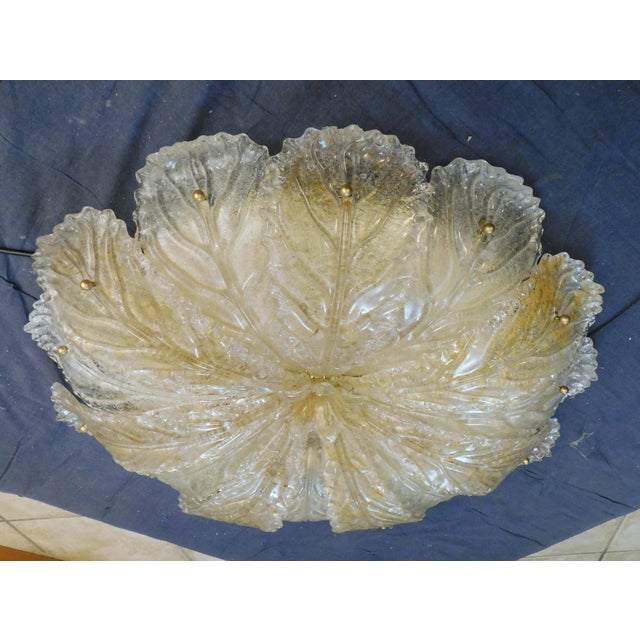Vintage golden colored Italian Murano glass flush mount with clear and amber graniglia glass leaves / Made in Italy in the...