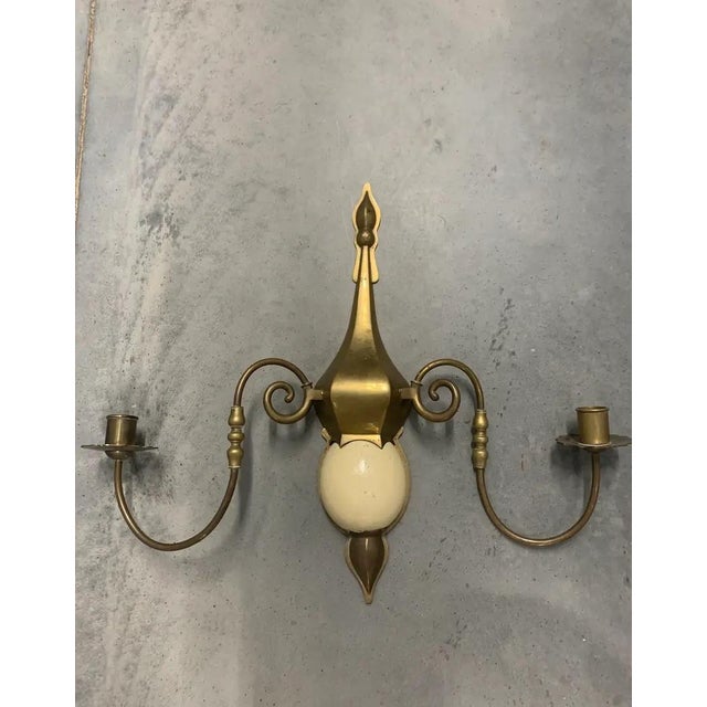 Mid-Century Modern 1970s Chapman Brass & Faux Ostrich Egg Sconces - a Pair For Sale - Image 3 of 10