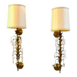 Italian Tole Gilt Lamps With Crystal Prisms Wall Mount-A Pair